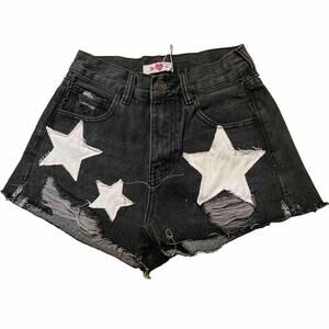 Black Distressed‎ Denim Cut Off Short Embellished W/Stars Patriotic NWT 24